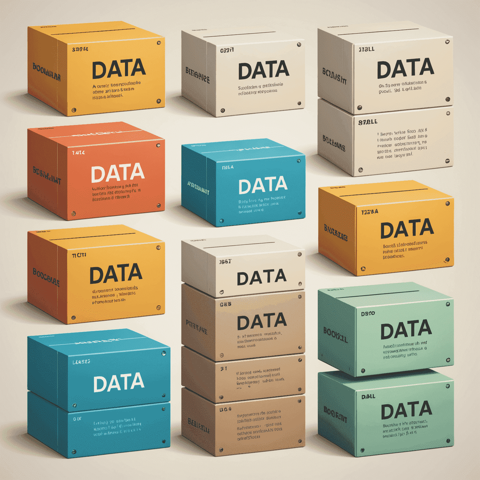 Ilustración de variables y tipos de datos en programación, mostrando cajas etiquetadas con diferentes tipos de datos como números, texto y booleanos